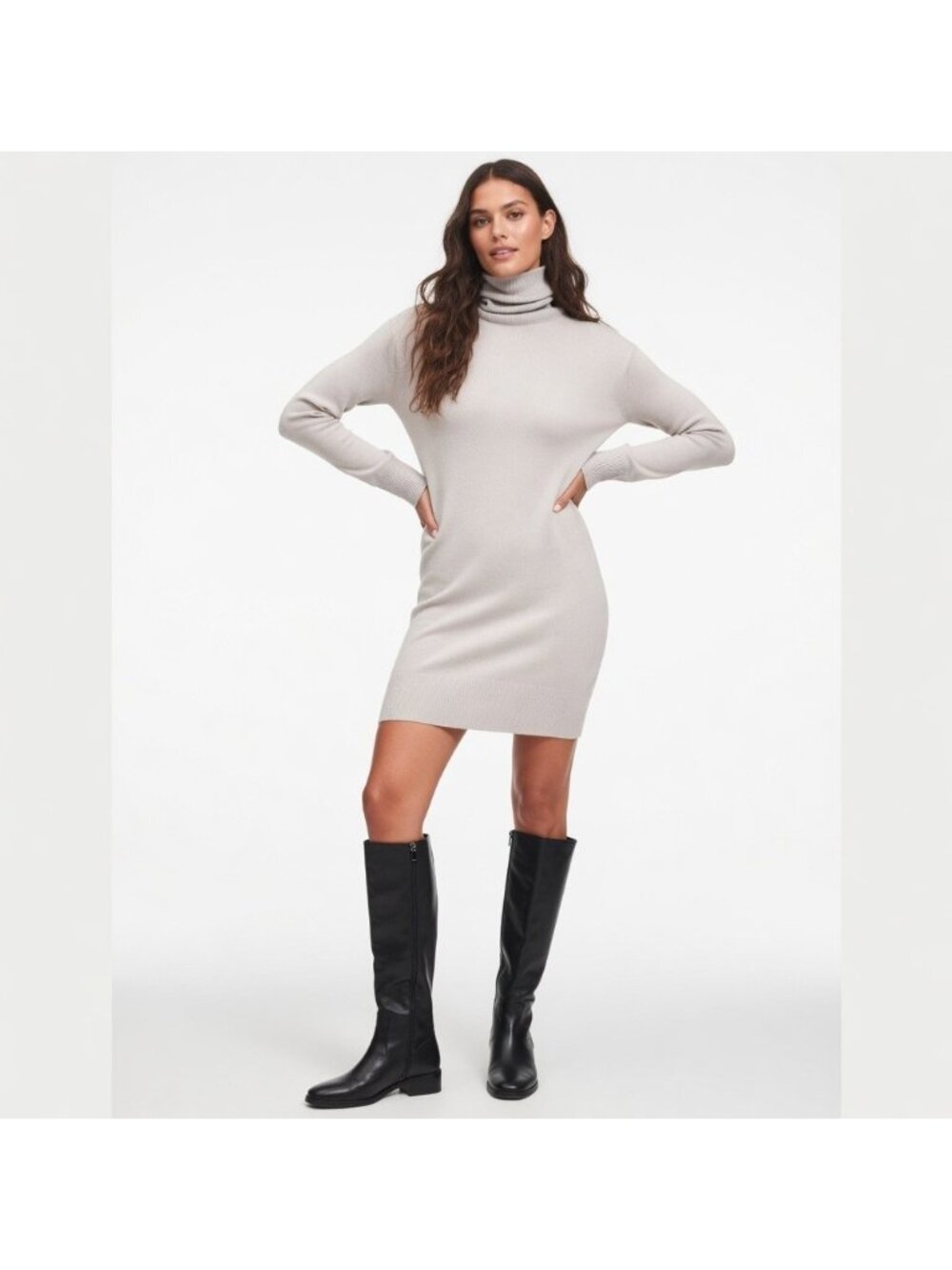 NWT Naadam Cashmere Turtleneck Dress in Pale Gray Sweater Dress L